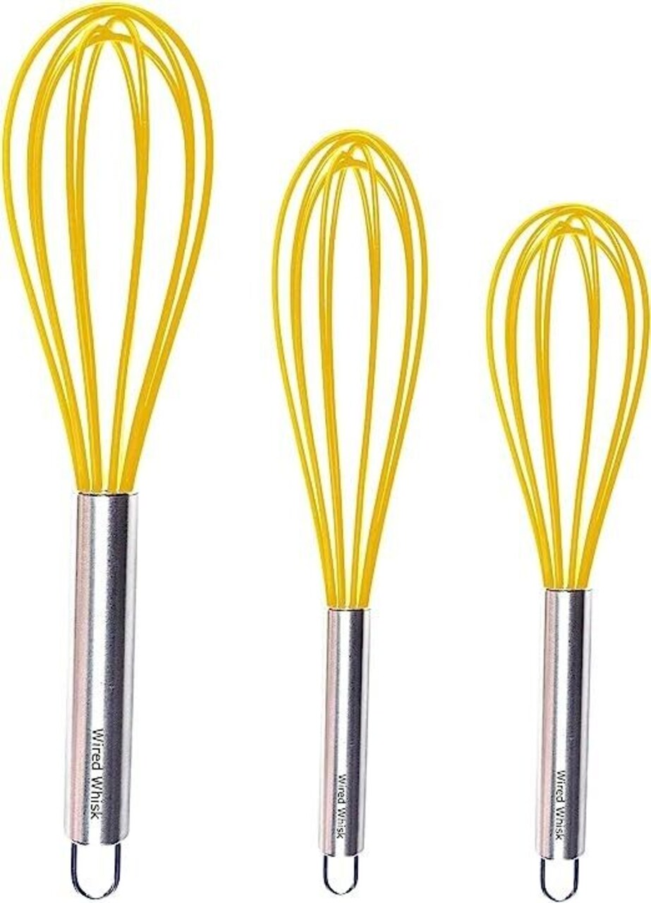Silicone Whisk Set of 3 YELLOW Non-Scratch Non-Stick Kitchen Utensils.